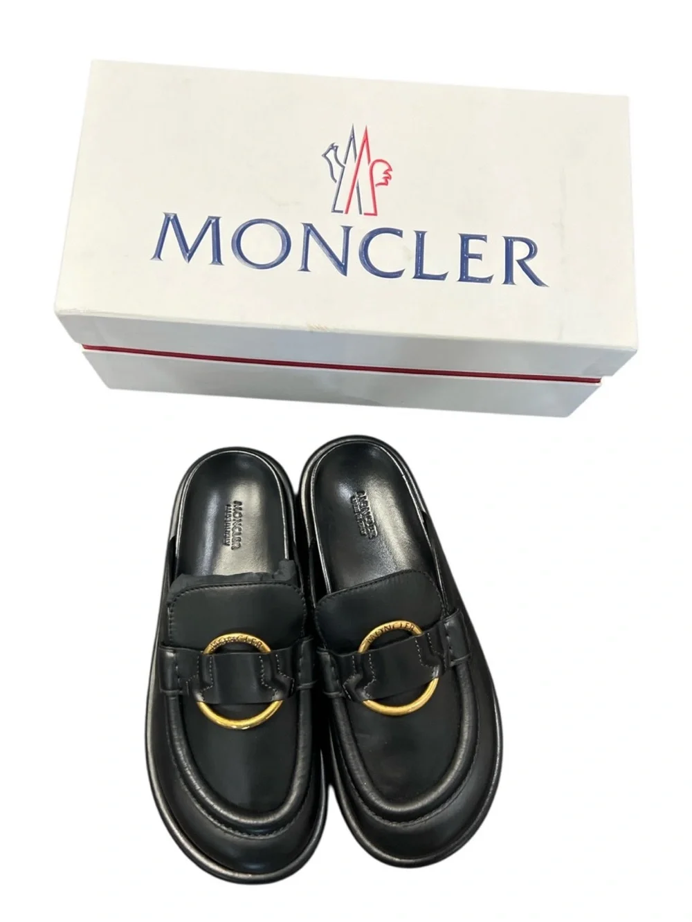 Moncler Bell Mule Black Leather Slip-On Mules with Gold Ring Accent - Picture 4 of 7